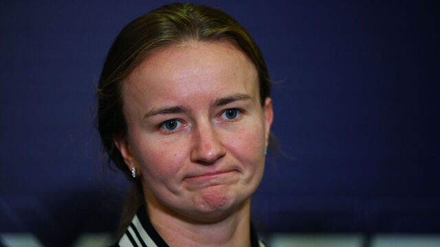 RIYADH, SAUDI ARABIA - NOVEMBER 08: Barbora Krejcikova of Czech Republic speaks to the media after loosing her semi-final match against Qinwen Zheng of China, on Day 7 of the 2024 WTA Finals, part of the Hologic WTA Tour, held at King Saud University Indoor Arena on November 08, 2024, in Riyadh, Saudi Arabia.