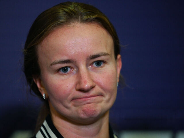 RIYADH, SAUDI ARABIA - NOVEMBER 08: Barbora Krejcikova of Czech Republic speaks to the media after loosing her semi-final match against Qinwen Zheng of China, on Day 7 of the 2024 WTA Finals, part of the Hologic WTA Tour, held at King Saud University Indoor Arena on November 08, 2024, in Riyadh, Saudi Arabia.