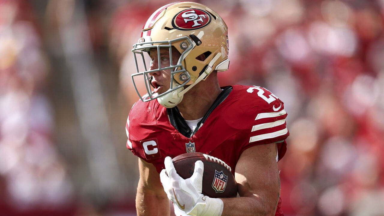 TAMPA, FLORIDA - NOVEMBER 10: Christian McCaffrey #23 of the San Francisco 49ers carries the ball during the first half of an NFL football game against the Tampa Bay Buccaneers at Raymond James Stadium on November 10, 2024 in Tampa, Florida.