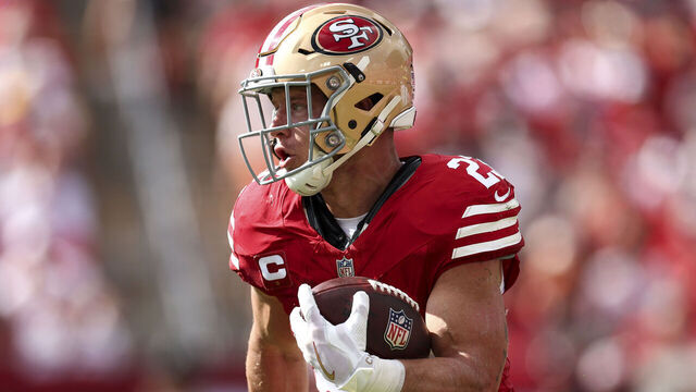 TAMPA, FLORIDA - NOVEMBER 10: Christian McCaffrey #23 of the San Francisco 49ers carries the ball during the first half of an NFL football game against the Tampa Bay Buccaneers at Raymond James Stadium on November 10, 2024 in Tampa, Florida.