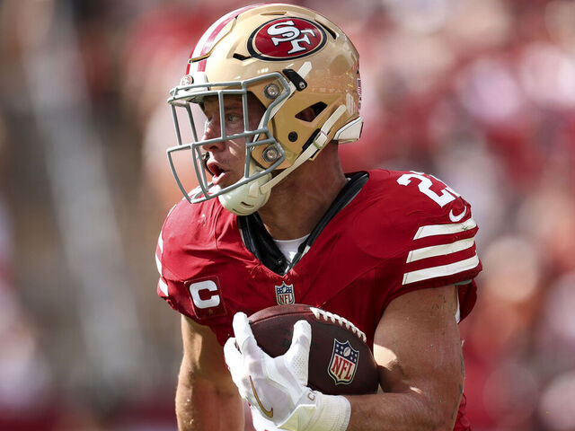 TAMPA, FLORIDA - NOVEMBER 10: Christian McCaffrey #23 of the San Francisco 49ers carries the ball during the first half of an NFL football game against the Tampa Bay Buccaneers at Raymond James Stadium on November 10, 2024 in Tampa, Florida.