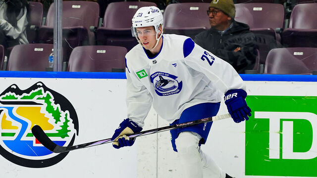 PENTICTON, CANADA - SEPTEMBER 21: Jonathan Lekkerimaki #23 of the Vancouver Canucks skates during the Vancouver Canucks Training Camp at South Okanagan Events Centre on September 21, 2024 in Penticton, British Columbia, Canada.