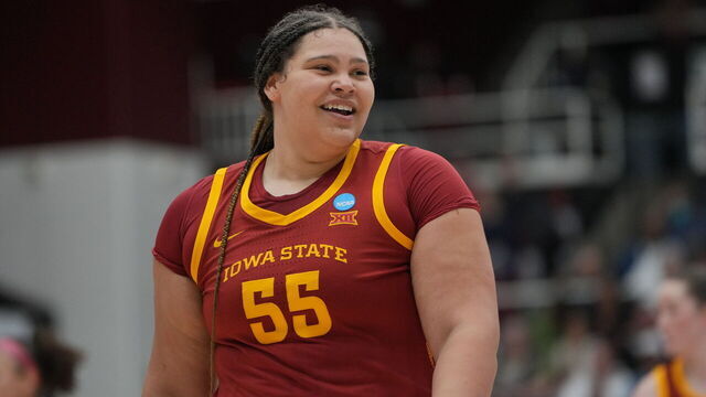 PALO ALTO, CALIFORNIA - MARCH 24: Audi Crooks #56 of the Iowa State Cyclones walks down the court against the Stanford Cardinal during the second round of the 2024 NCAA Women's Basketball Tournament held at Stanford Maples Pavilion on March 24, 2024 in Palo Alto, California.