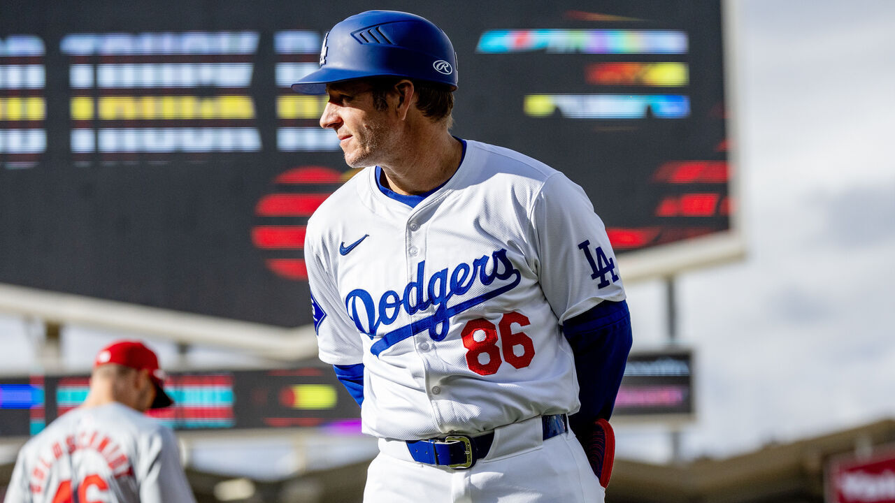 LOS ANGELES, CA - MARCH 31, 2024: Dodgers first base coach Clayton McCullough on the field during the game against the St Louis Cardinals on March 31, 2024 at Dodger Stadium in Los Angeles, California.(Gina Ferazzi / Los Angeles Times via Getty Images)