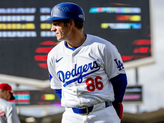LOS ANGELES, CA - MARCH 31, 2024: Dodgers first base coach Clayton McCullough on the field during the game against the St Louis Cardinals on March 31, 2024 at Dodger Stadium in Los Angeles, California.(Gina Ferazzi / Los Angeles Times via Getty Images)