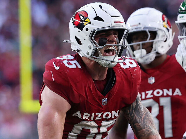 GLENDALE, ARIZONA - NOVEMBER 10: Trey McBride #85 of the Arizona Cardinals reacts after making a catch in the second quarter against the New York Jets at State Farm Stadium on November 10, 2024 in Glendale, Arizona.
