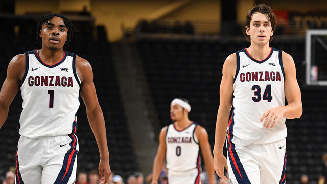PALM DESERT, CA - OCTOBER 26: Gonzaga Bulldogs guard Michael Ajayi (1) and Gonzaga Bulldogs forward Braden Huff (34) look on during the college exhibition basketball game between the Gonzaga Bulldogs and the USC Trojans on October 26, 2024 at Acrisure Arena in Palm Desert, CA.