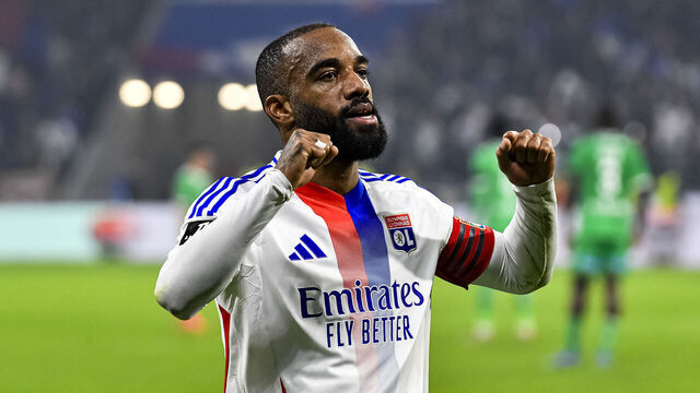LYON, FRANCE - NOVEMBER 10: Alexandre Lacazette of Lyon celebrates scoring the opening goal during the France Ligue 1 match between Olympique Lyonnais and AS Saint-Étienne at Groupama Stadium on November 10, 2024 in Lyon, France.