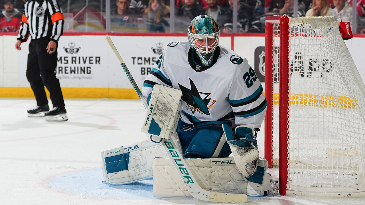 NEWARK, NJ - NOVEMBER 10: Mackenzie Blackwood #29 of the San Jose Sharks defends his net in the third period of the game against the New Jersey Devils at the Prudential Center on November 10, 2024 in Newark, New Jersey.