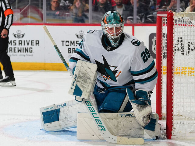 NEWARK, NJ - NOVEMBER 10: Mackenzie Blackwood #29 of the San Jose Sharks defends his net in the third period of the game against the New Jersey Devils at the Prudential Center on November 10, 2024 in Newark, New Jersey.
