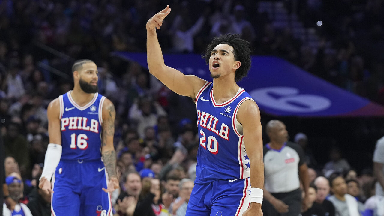 PHILADELPHIA, PENNSYLVANIA - NOVEMBER 10: Jared McCain #20 of the Philadelphia 76ers reacts against the Charlotte Hornets in the second half at the Wells Fargo Center on November 10, 2024 in Philadelphia, Pennsylvania. The 76ers defeated the Hornets 107-105 in overtime. NOTE TO USER: User expressly acknowledges and agrees that, by downloading and/or using this photograph, user is consenting to the terms and conditions of the Getty Images License Agreement.
