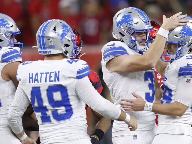 HOUSTON, TEXAS - NOVEMBER 10: Jake Bates #39 of the Detroit Lions celebrates a field goal with Jack Fox #3 after a field goal during the fourth quarter against the Houston Texans at NRG Stadium on November 10, 2024 in Houston, Texas.