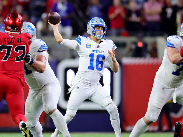 HOUSTON, TEXAS - NOVEMBER 10: Jared Goff #16 of the Detroit Lions throws a pass during the fourth quarter against the Houston Texans at NRG Stadium on November 10, 2024 in Houston, Texas.