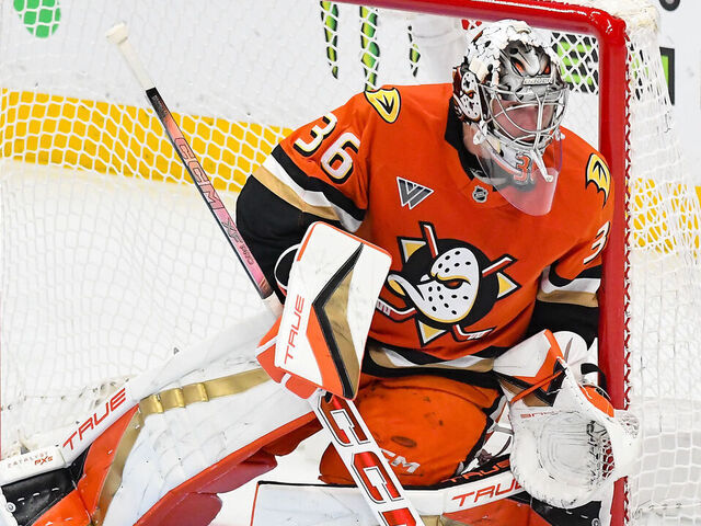 ANAHEIM, CA - NOVEMBER 10: John Gibson #36 of the Anaheim Ducks protects the goal during the second period against the Columbus Blue Jackets at Honda Center on November 10, 2024 in Anaheim, California.