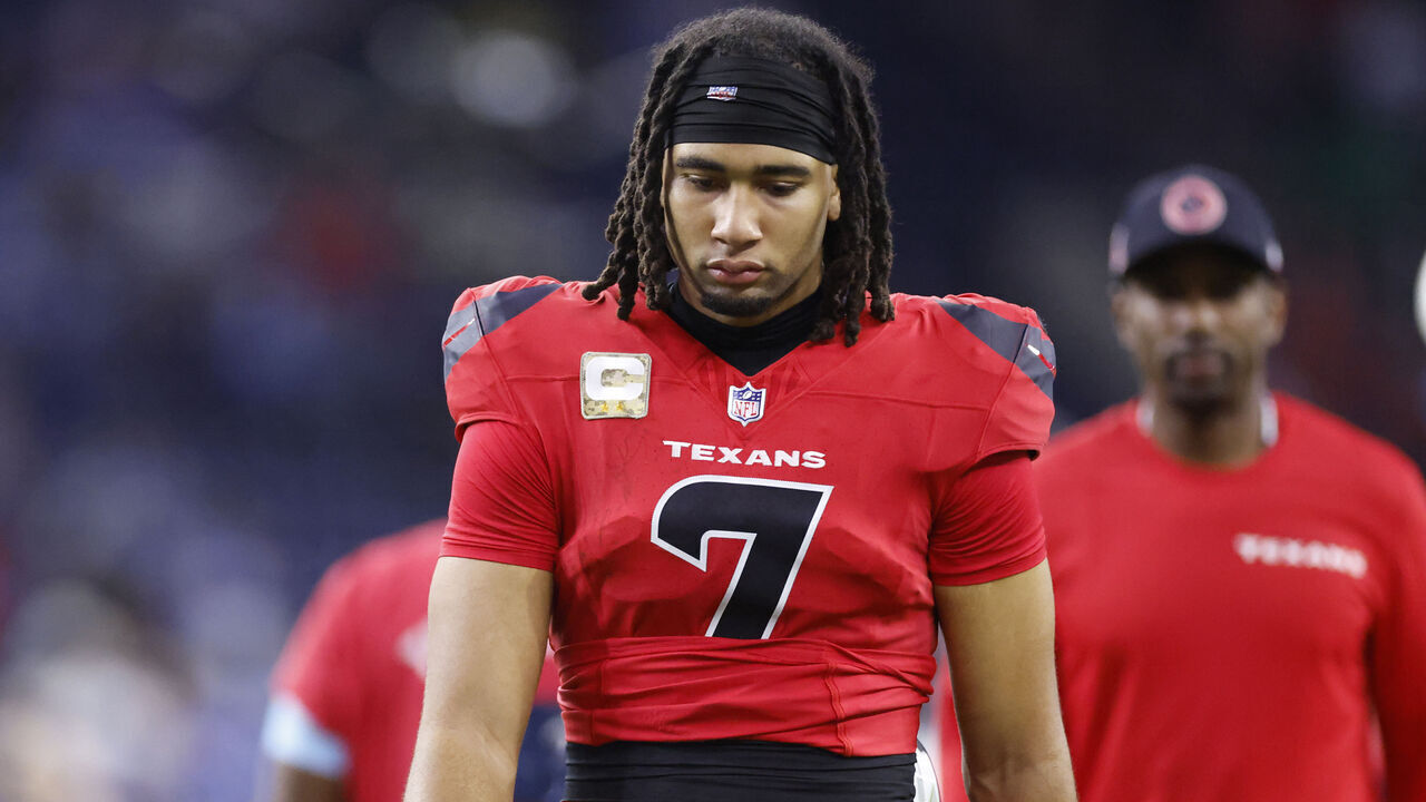 HOUSTON, TEXAS - NOVEMBER 10: C.J. Stroud #7 of the Houston Texans walks off the field after a loss to the Detroit Lions at NRG Stadium on November 10, 2024 in Houston, Texas.