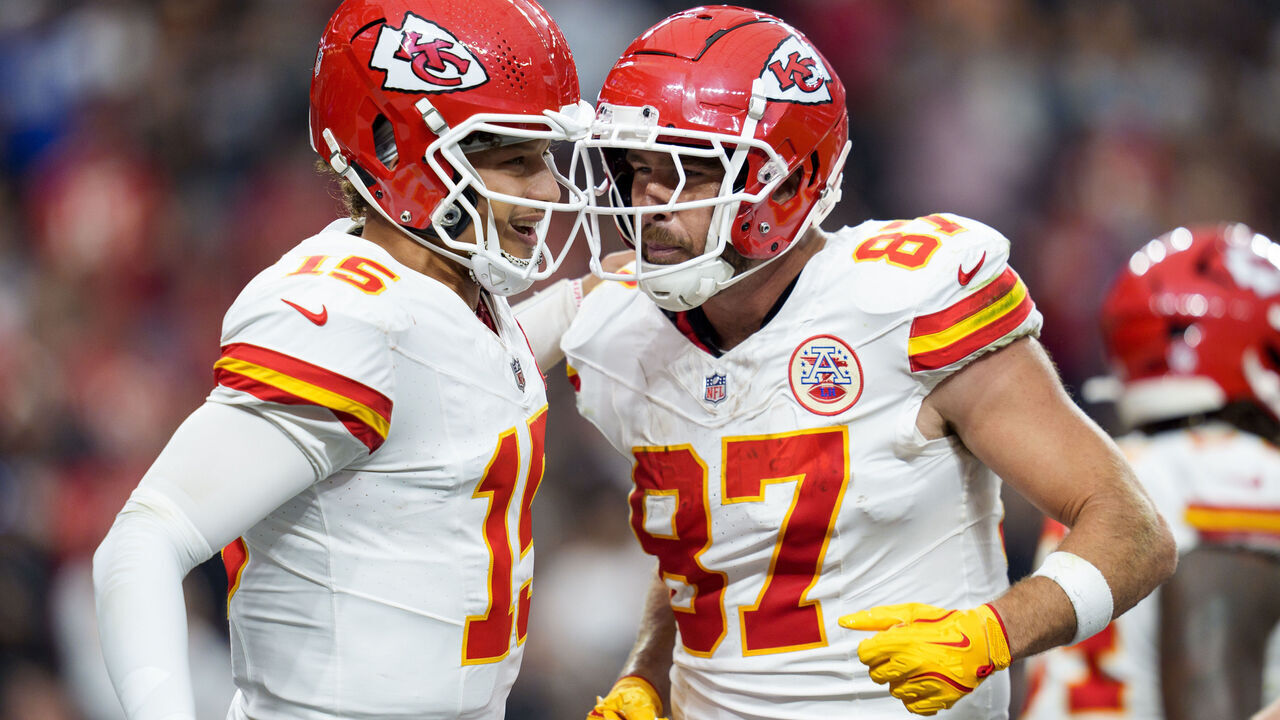 LAS VEGAS, NEVADA - OCTOBER 27: Tight end Travis Kelce #87 of the Kansas City Chiefs and quarterback Patrick Mahomes #15 celebrate after a touchdown during the second quarter of an NFL football game against the Las Vegas Raiders, at Allegiant Stadium on October 27, 2024 in Las Vegas, Nevada.