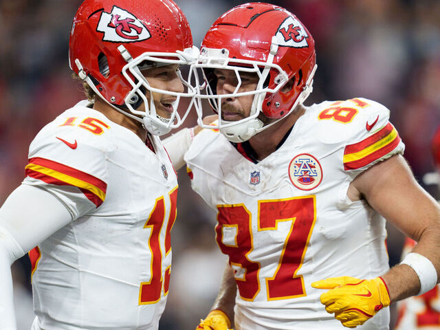 LAS VEGAS, NEVADA - OCTOBER 27: Tight end Travis Kelce #87 of the Kansas City Chiefs and quarterback Patrick Mahomes #15 celebrate after a touchdown during the second quarter of an NFL football game against the Las Vegas Raiders, at Allegiant Stadium on October 27, 2024 in Las Vegas, Nevada.