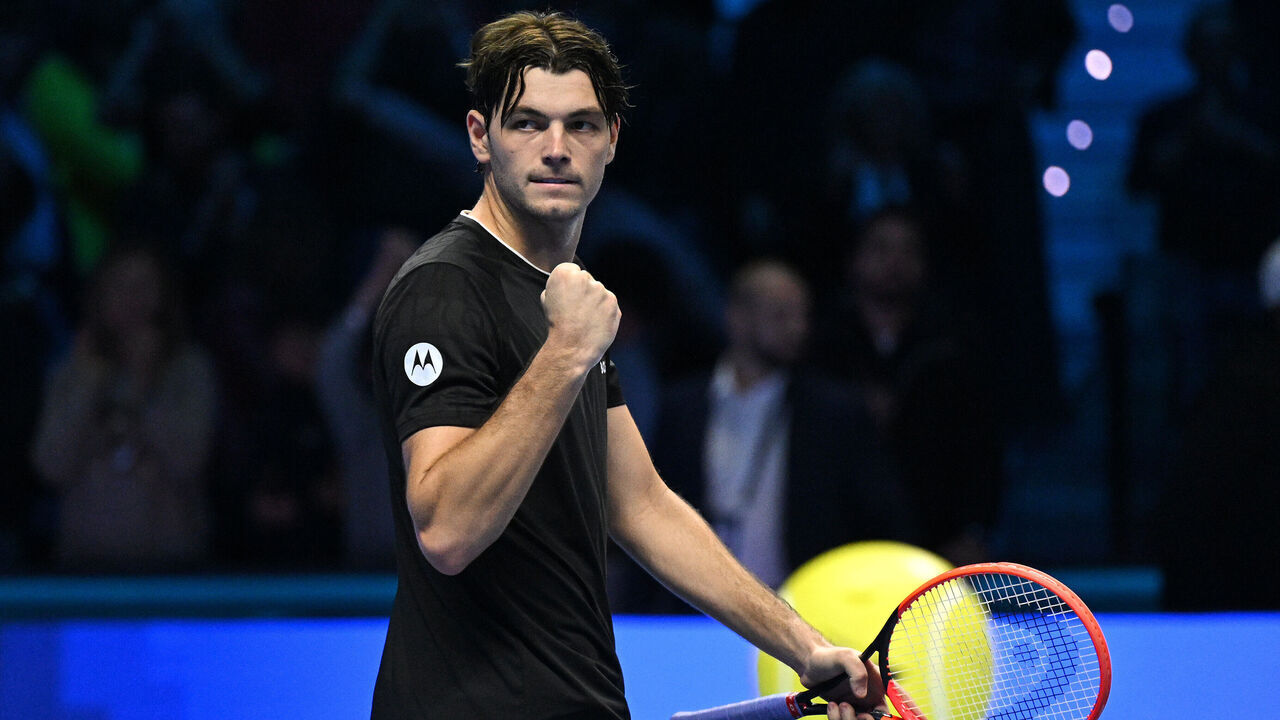 TURIN, ITALY - NOVEMBER 10: Taylor Fritz of United States celebrates following victory against Daniil Medvedev in the Men's Singles Group Stage match during day one of the Nitto ATP finals 2024 at Inalpi Arena on November 10, 2024 in Turin, Italy.