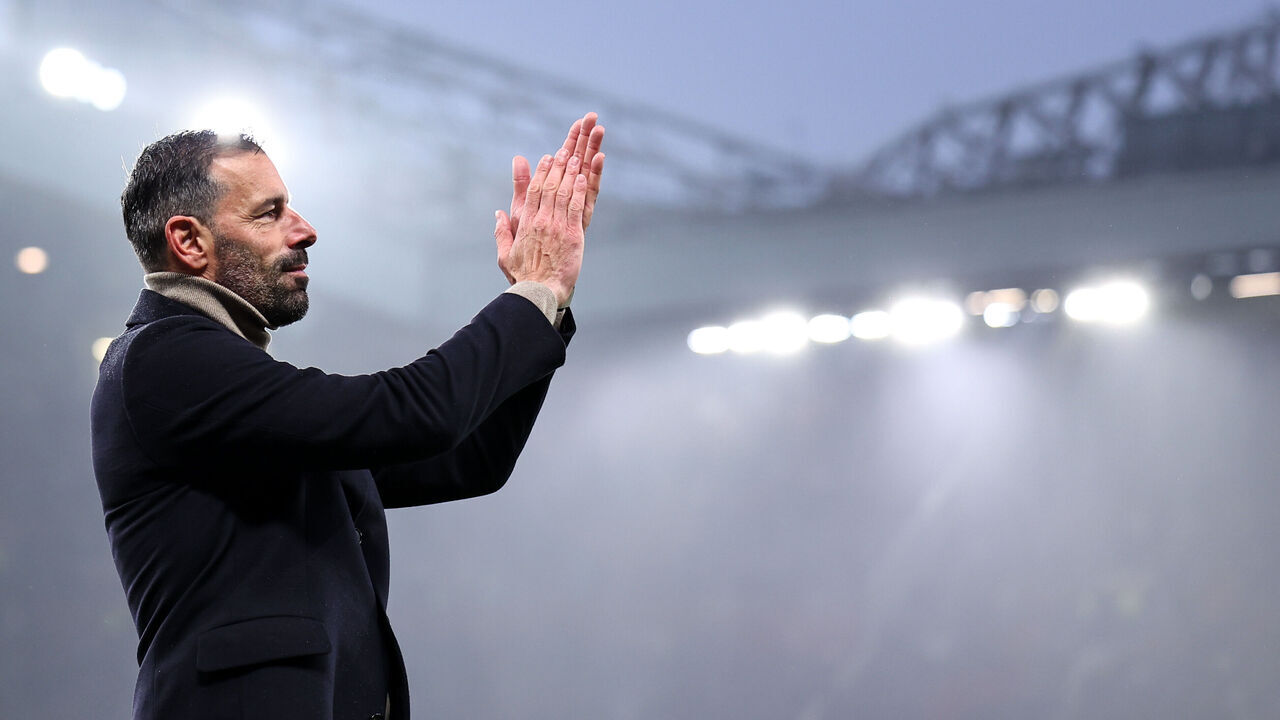 MANCHESTER, ENGLAND - NOVEMBER 10: Ruud van Nistelrooy the interim head coach / manager of Manchester United applauds the fans during the Premier League match between Manchester United FC and Leicester City FC at Old Trafford on November 10, 2024 in Manchester, England.