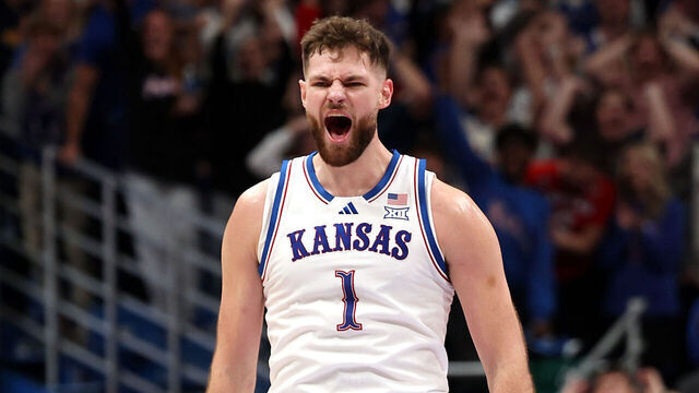 LAWRENCE, KANSAS - NOVEMBER 08: Hunter Dickinson #1 of the Kansas Jayhawks reacts after scoring during the first half of the game against the North Carolina Tar Heels at Allen Fieldhouse on November 08, 2024 in Lawrence, Kansas.