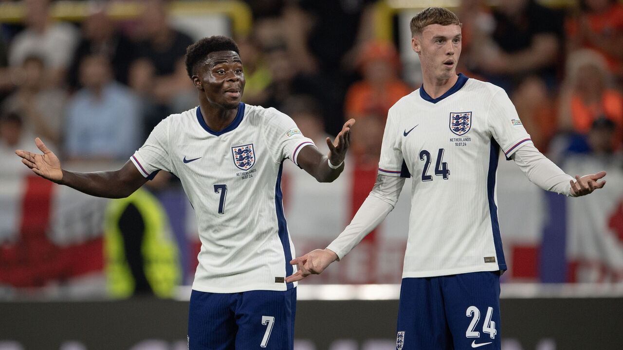 DORTMUND, GERMANY - JULY 10: Bukayo Saka and Cole Palmer of England during the UEFA EURO 2024 semi-final match between Netherlands and England at Football Stadium Dortmund on July 10, 2024 in Dortmund, Germany.