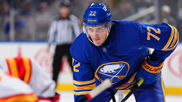 BUFFALO, NEW YORK - NOVEMBER 9: Tage Thompson #72 of the Buffalo Sabres looks on before a face-off during the second period against the Calgary Flames on November 9, 2024 at KeyBank Center in Buffalo, New York.