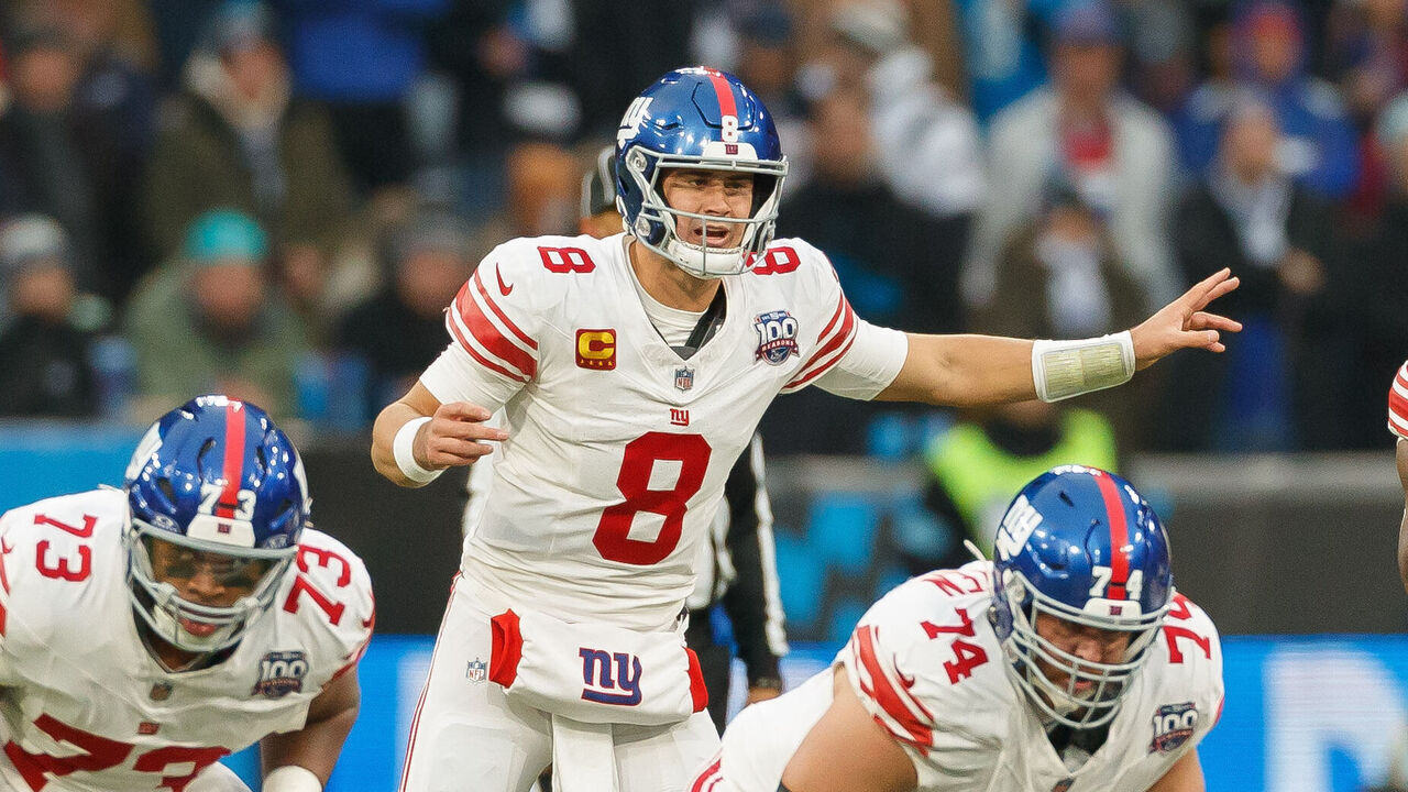 Munich, Germany - November 10: Daniel Jones of New York Giants gestures during the NFL Munich Game 2024 match between New York Giants and Carolina Panthers at Allianz Arena on November 10, 2024 in Munich, Germany.