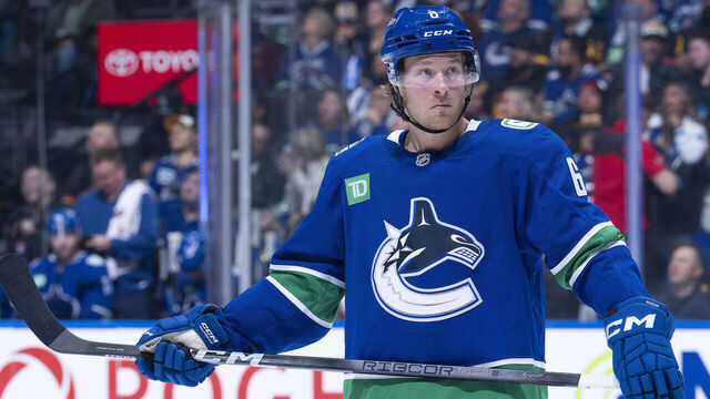 VANCOUVER, CANADA - OCTOBER 9: Brock Boeser #6 of the Vancouver Canucks skates up ice during their NHL game against the Calgary Flames at Rogers Arena on October 9, 2024 in Vancouver, British Columbia, Canada.