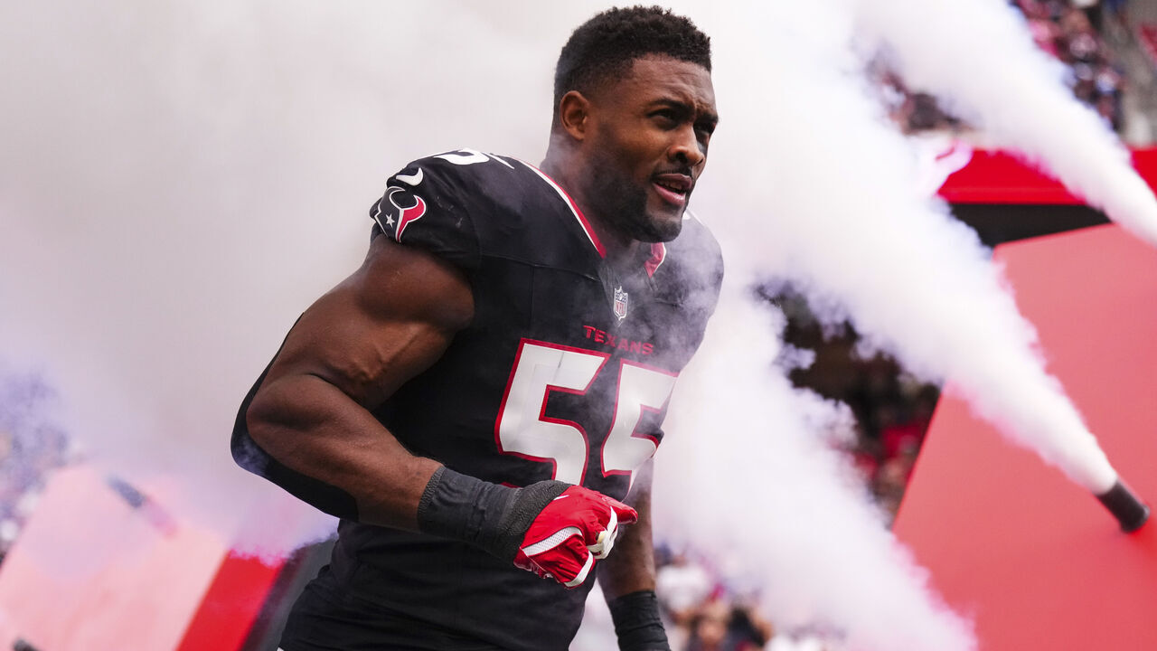 HOUSTON, TX - OCTOBER 27: Danielle Hunter #55 of the Houston Texans runs out of the tunnel prior to an NFL football game against the Indianapolis Colts at NRG Stadium on October 27, 2024 in Houston, Texas.
