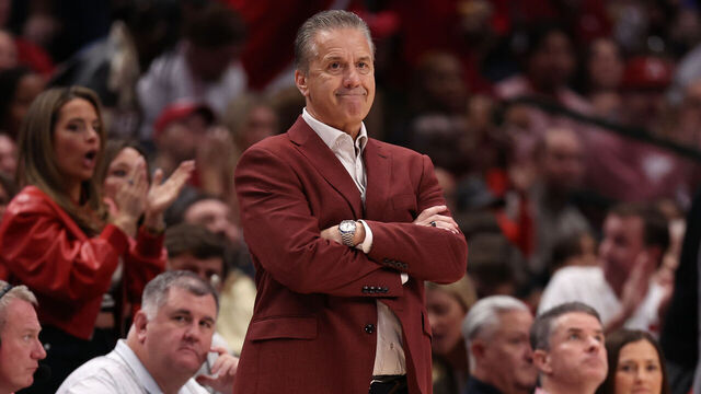 DALLAS, TEXAS - NOVEMBER 09: Head coach John Calipari of the Arkansas Razorbacks watches play during the first half of the game against the Baylor Bears at American Airlines Center on November 09, 2024 in Dallas, Texas.
