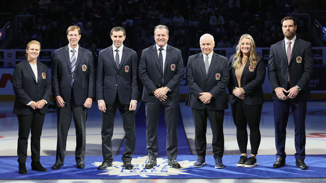 TORONTO, CANADA - NOVEMBER 10: Krissy Wendell, Shea Weber, Jeremy Roenick, Pavel Datsyuk, Natalie Darwitz, David Poile and Colin Campbell are introduced to the crowd at the Hockey Hall of Fame Legends Classic game at the Scotiabank Arena on November 10, 2024 in Toronto, Ontario, Canada.