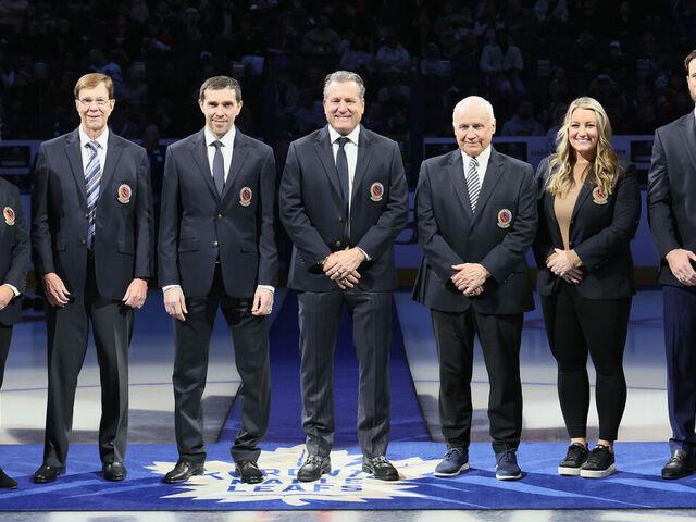 TORONTO, CANADA - NOVEMBER 10: Krissy Wendell, Shea Weber, Jeremy Roenick, Pavel Datsyuk, Natalie Darwitz, David Poile and Colin Campbell are introduced to the crowd at the Hockey Hall of Fame Legends Classic game at the Scotiabank Arena on November 10, 2024 in Toronto, Ontario, Canada.