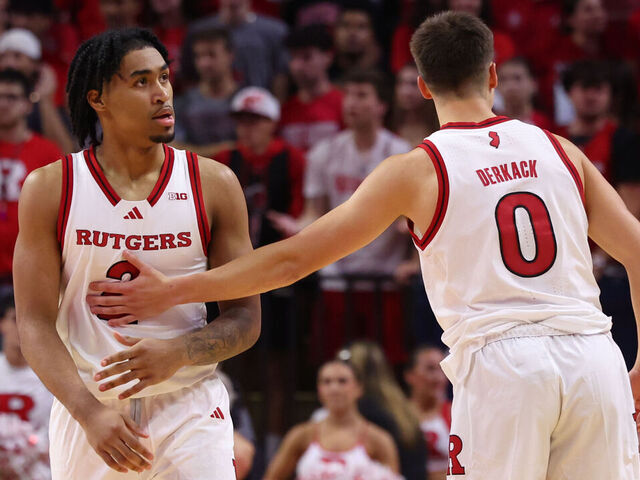 PISCATAWAY, NEW JERSEY - NOVEMBER 6: Dylan Harper #2 and Jordan Derkack #0 of the Rutgers Scarlet Knights during the first half celebrate a play against the Wagner Seahawks at Jersey Mike's Arena on November 6, 2024 in Piscataway, New Jersey.