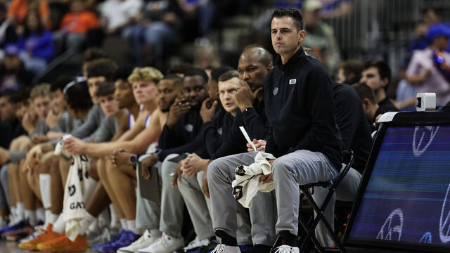 JACKSONVILLE, FLORIDA - NOVEMBER 04: Head coach Todd Golden of the Florida Gators looks on during the first half of a game against the South Florida Bulls at VyStar Veterans Memorial Arena on November 04, 2024 in Jacksonville, Florida.