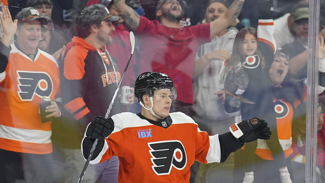 PHILADELPHIA, PENNSYLVANIA - NOVEMBER 11: Matvei Michkov #39 of the Philadelphia Flyers reacts after scoring a goal against the San Jose Sharks in the second period at the Wells Fargo Center on November 11, 2024 in Philadelphia, Pennsylvania.
