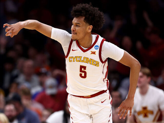 BOSTON, MASSACHUSETTS - MARCH 28: Curtis Jones #5 of the Iowa State Cyclones celebrates against the Illinois Fighting Illini during the second half in the Sweet 16 round of the NCAA Men's Basketball Tournament at TD Garden on March 28, 2024 in Boston, Massachusetts.