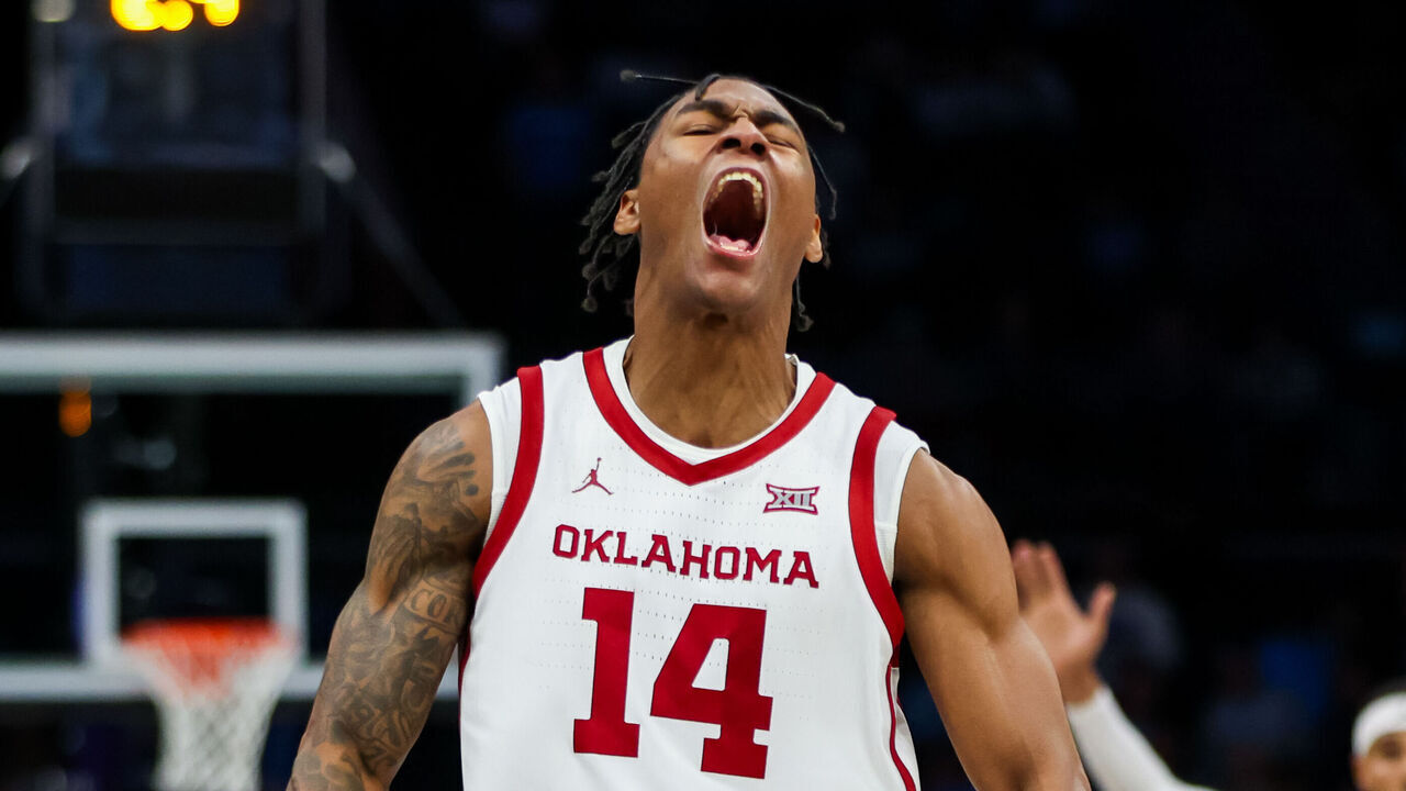 CHARLOTTE, NC - DECEMBER 20: Jalon Moore #14 of the Oklahoma Sooners reacts during the Jumpman Invitational against the North Carolina Tar Heels at Spectrum Center on December 20, 2023 in Charlotte, NC.