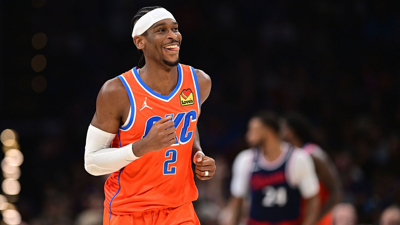 OKLAHOMA CITY, OKLAHOMA - NOVEMBER 11: Shai Gilgeous-Alexander #2 of the Oklahoma City Thunder flashes a smile during the first half against the Los Angeles Clippers at Paycom Center on November 11, 2024 in Oklahoma City, Oklahoma.