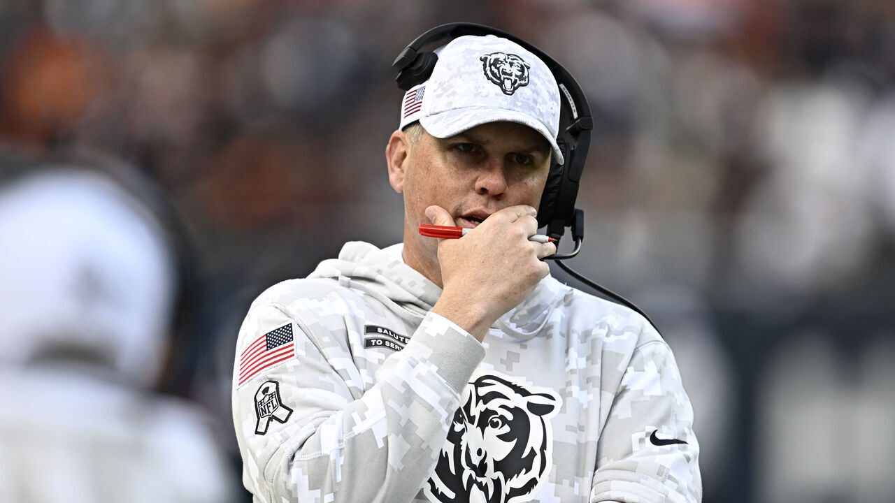 CHICAGO, ILLINOIS - NOVEMBER 10: Offensive coordinator Shane Waldron of the Chicago Bears looks on during the second half against the New England Patriots at Soldier Field on November 10, 2024 in Chicago, Illinois.