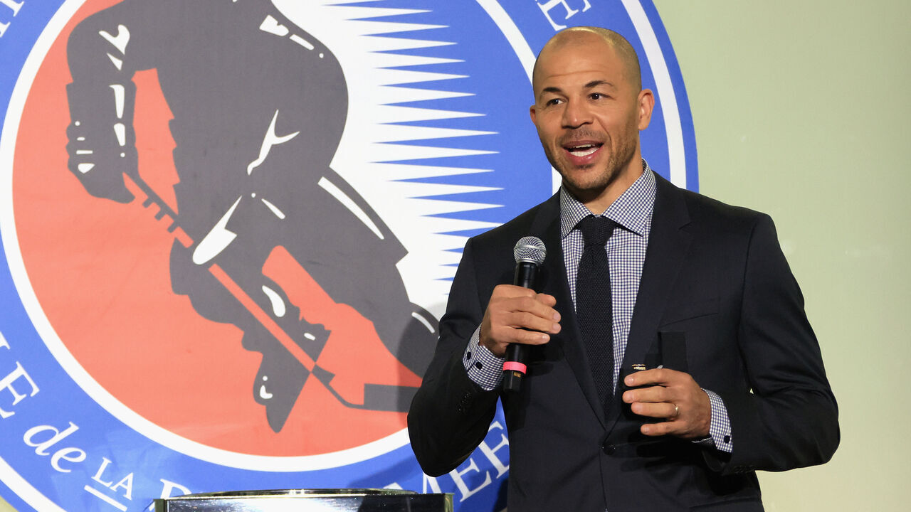 TORONTO, ONTARIO - NOVEMBER 12: Jerome Iginla takes part in a press opportunity prior to his induction into the Hockey Hall of Fame at the Hockey Hall Of Fame on November 12, 2021 in Toronto, Ontario, Canada.