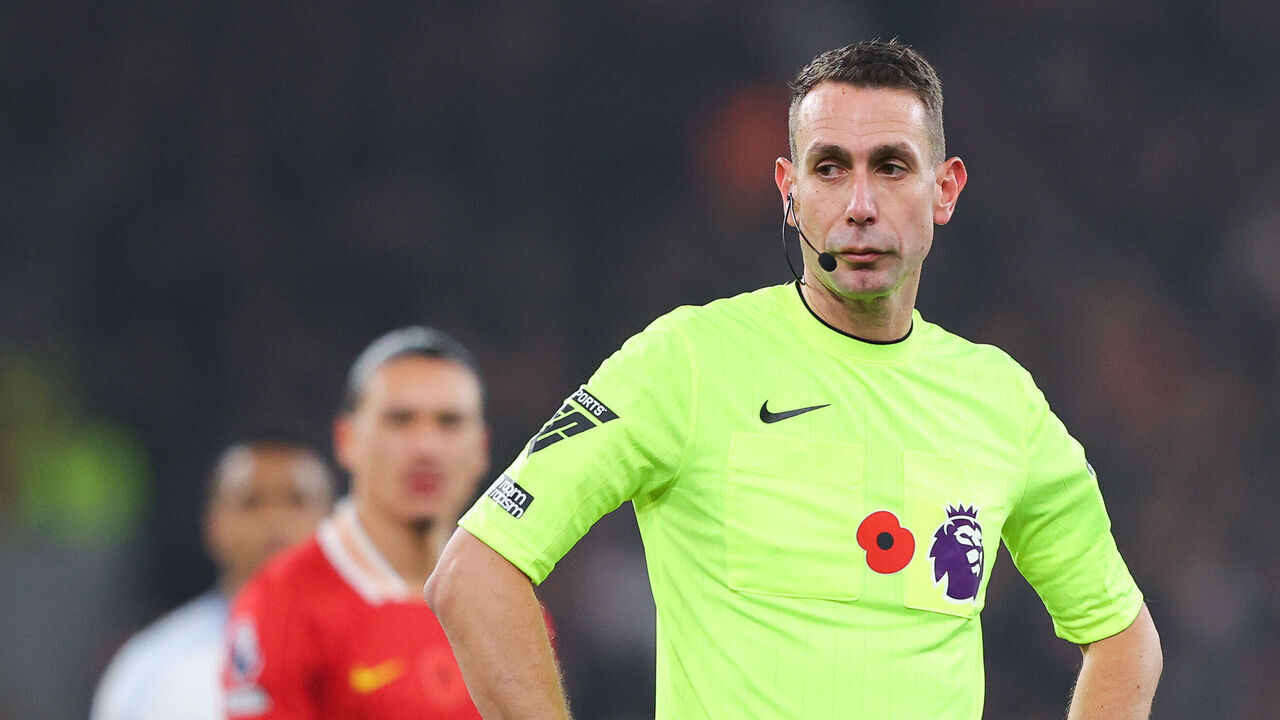 LIVERPOOL, ENGLAND - NOVEMBER 09: Referee David Coote during the Premier League match between Liverpool FC and Aston Villa FC at Anfield on November 09, 2024 in Liverpool, England.