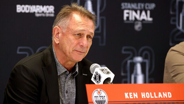 SUNRISE, FLORIDA - JUNE 07: General manager Ken Holland of the Edmonton Oilers speaks to the media during Media Day ahead of Game One of the 2024 Stanley Cup Final between the Edmonton Oilers and the Florida Panthers at Amerant Bank Arena on June 07, 2024 in Sunrise, Florida.