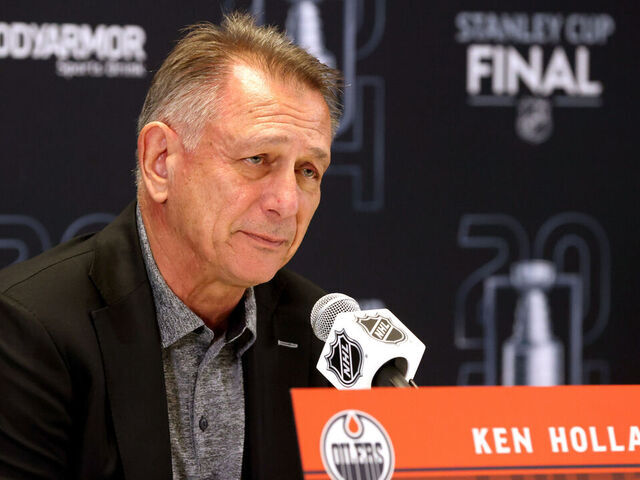 SUNRISE, FLORIDA - JUNE 07: General manager Ken Holland of the Edmonton Oilers speaks to the media during Media Day ahead of Game One of the 2024 Stanley Cup Final between the Edmonton Oilers and the Florida Panthers at Amerant Bank Arena on June 07, 2024 in Sunrise, Florida.