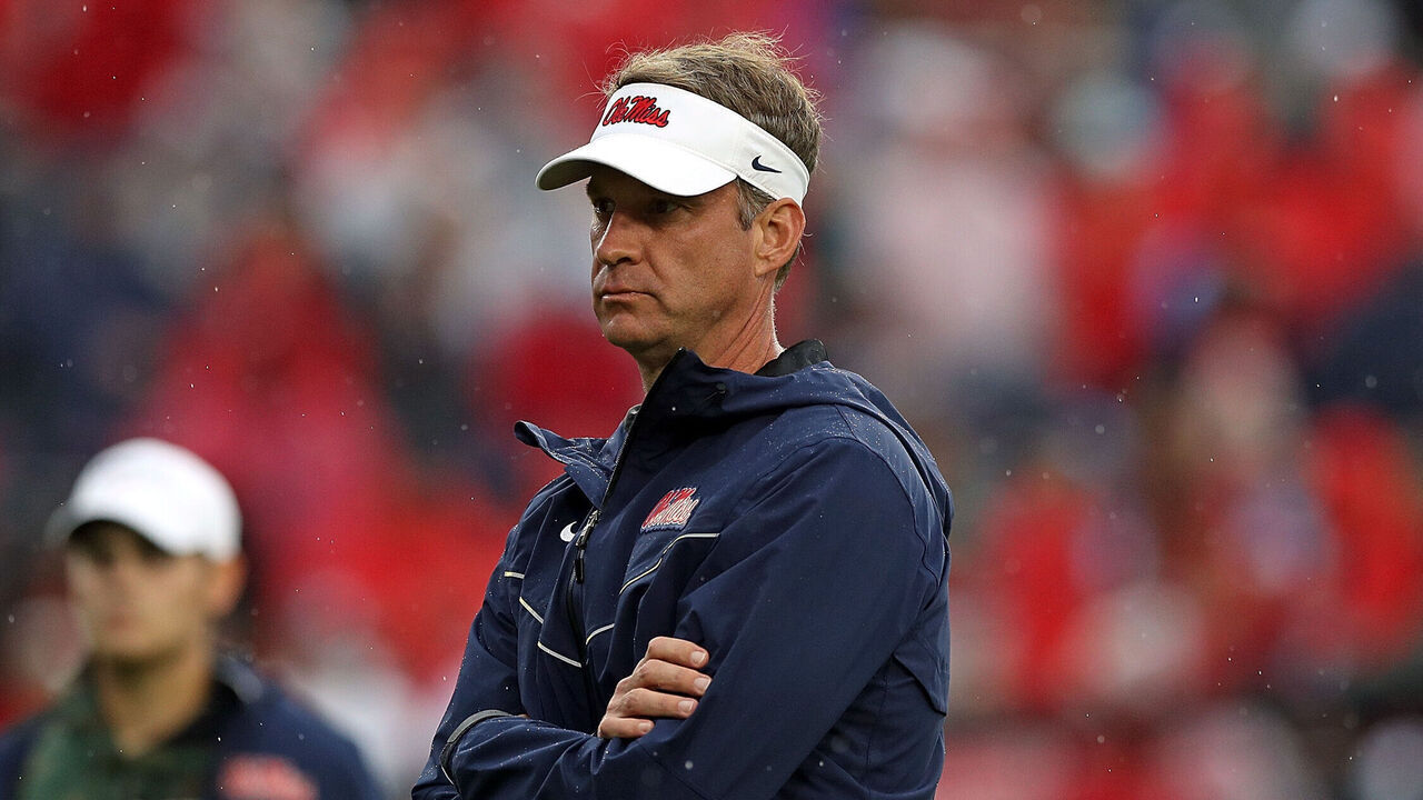 OXFORD, MISSISSIPPI - NOVEMBER 09: Head coach Lane Kiffin of the Mississippi Rebels looks on before the game against the Georgia Bulldogs at Vaught-Hemingway Stadium on November 09, 2024 in Oxford, Mississippi.