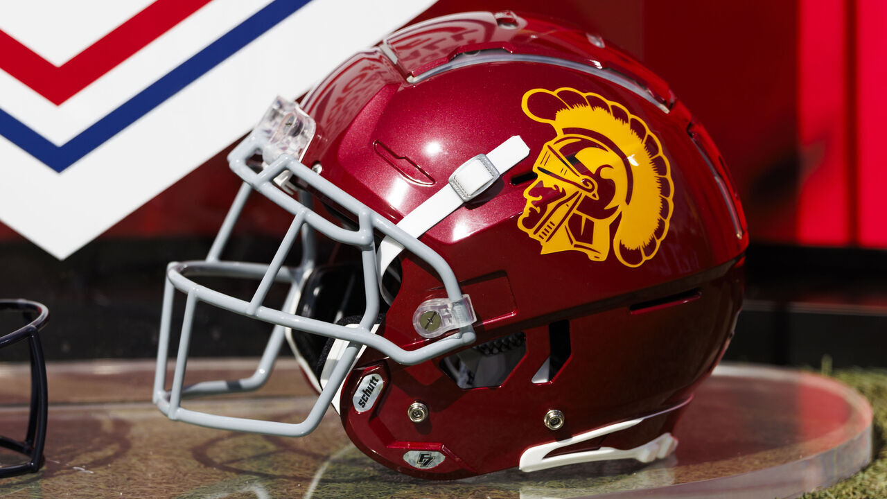 LOS ANGELES, CALIFORNIA - OCTOBER 12: A detail view of an USC Trojans helmet before a game against Penn State Nittany Lions at United Airlines Field at the Los Angeles Memorial Coliseum on October 12, 2024 in Los Angeles, California.