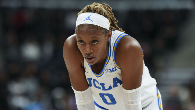 PARIS, FRANCE - NOVEMBER 4: Janiah Barker #0 of the UCLA Bruins looks on during the AFLAC Oui Play between UCLA and Louisville at Adidas Arena on November 4, 2024 in Paris, France.