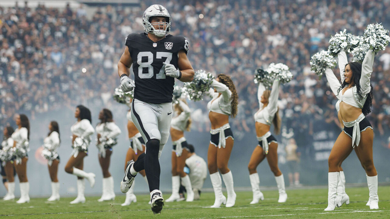 LAS VEGAS, NEVADA - SEPTEMBER 22: Tight end Michael Mayer #87 of the Las Vegas Raiders enters the field prior to an NFL football game against the Carolina Panthers, at Allegiant Stadium on September 22, 2024 in Las Vegas, Nevada.