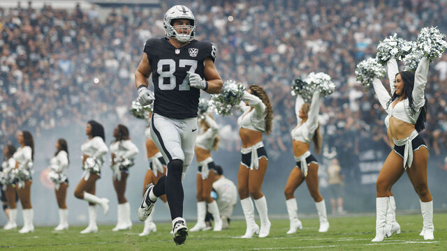 LAS VEGAS, NEVADA - SEPTEMBER 22: Tight end Michael Mayer #87 of the Las Vegas Raiders enters the field prior to an NFL football game against the Carolina Panthers, at Allegiant Stadium on September 22, 2024 in Las Vegas, Nevada.