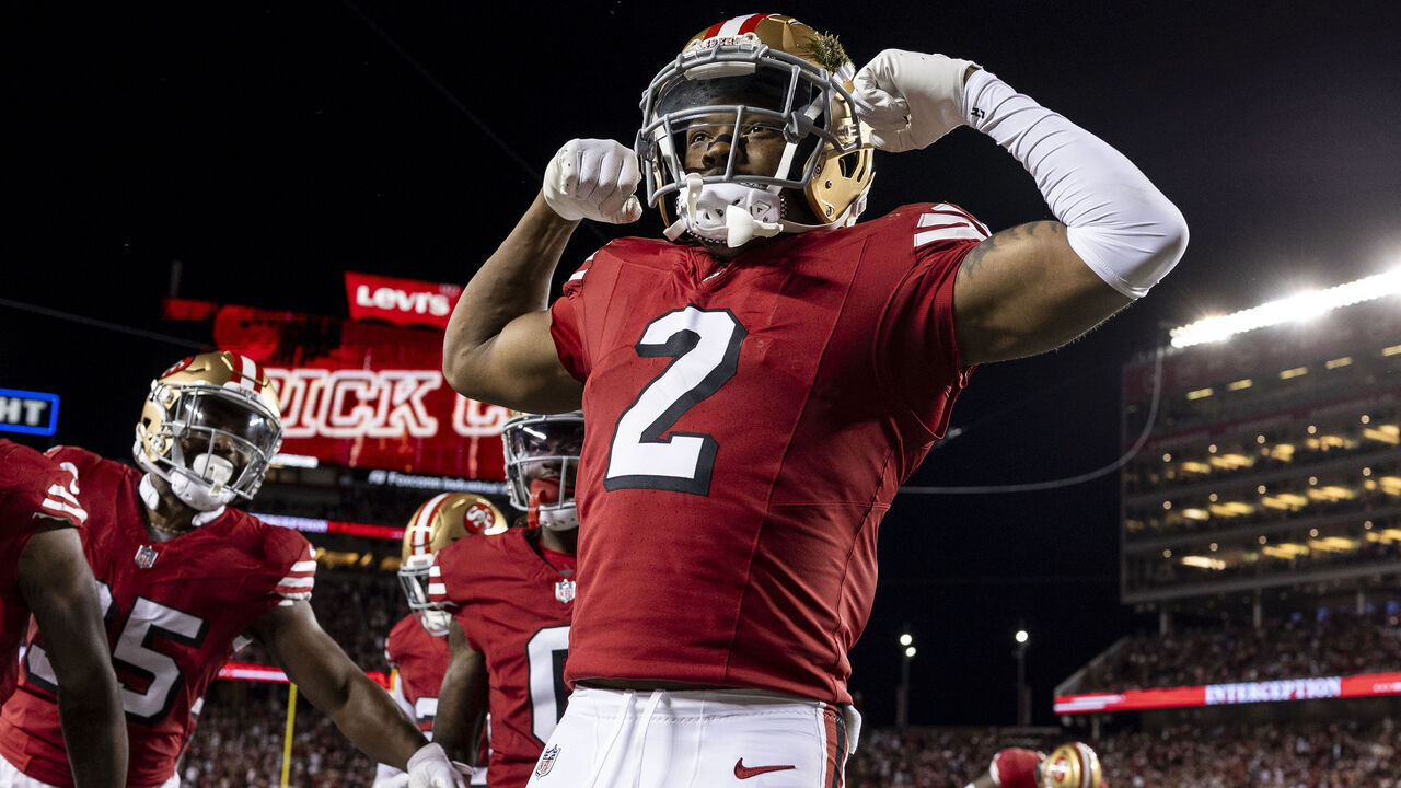 SANTA CLARA, CALIFORNIA - OCTOBER 27: Deommodore Lenoir #2 of the San Francisco celebrates with his teammates after an interception during an NFL Football game against the Dallas Cowboys at Levi's Stadium on October 27, 2024 in Santa Clara, California.
