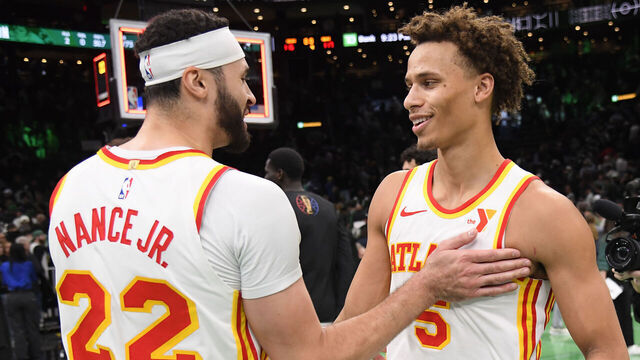 BOSTON, MA - NOVEMBER 12: Larry Nance Jr. #22 and Dyson Daniels #5 of the Atlanta Hawks embrace after the game against the Boston Celtics during the Emirates NBA Cup game on November 12, 2024 at TD Garden in Boston, Massachusetts. NOTE TO USER: User expressly acknowledges and agrees that, by downloading and/or using this Photograph, user is consenting to the terms and conditions of the Getty Images License Agreement. Mandatory Copyright Notice: Copyright 2024 NBAE